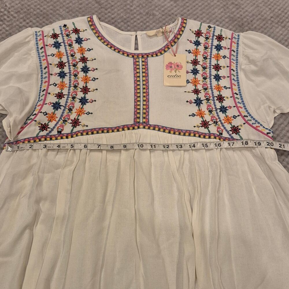 Entro Embroidered Babydoll Top Boho Cotton Shirt Large Casual Peasant Flutter - Picture 4 of 7